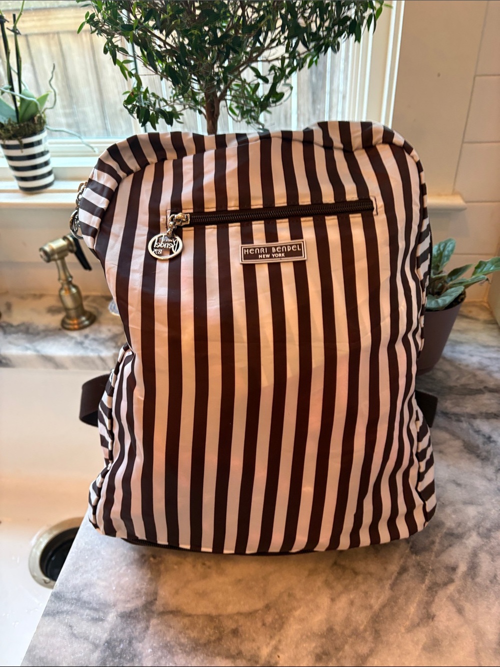 Henri Bendel brown and White Striped Backpack